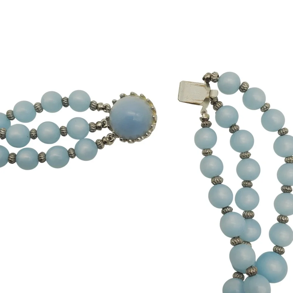 Sky Blue Beaded Acrylic Necklace Triple Strand Graduated Silver Tone Layered Vtg